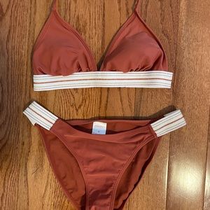 Burnt orange bikini, white glitter striped detail